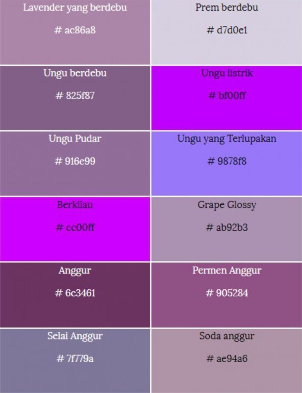 jenis-jenis warna ungu dan kode html warna ungu